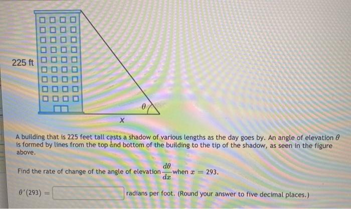Solved 225 ft 02 х A building that is 225 feet tall casts a | Chegg.com