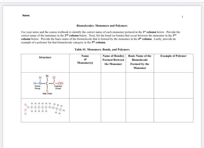 Solved Biomolecules Monomers and Polymers Use your notes