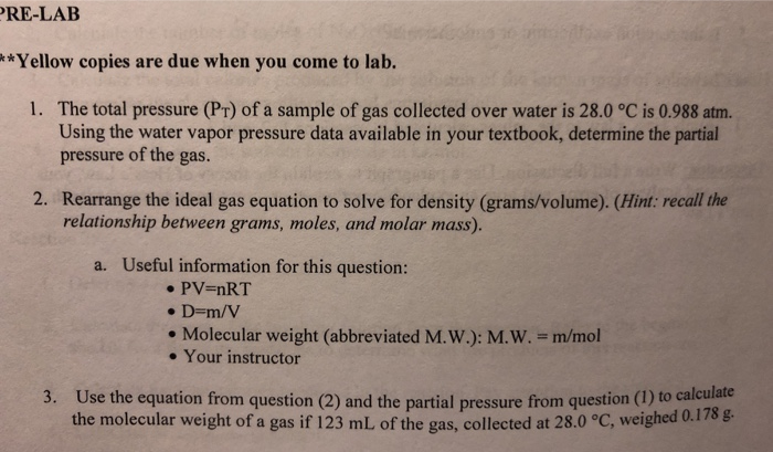 Solved PRE-LAB ***Yellow copies are due when you come to | Chegg.com