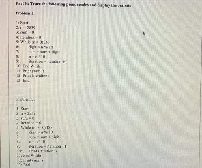 Solved Part B: Trace the following pseudocodes and display | Chegg.com