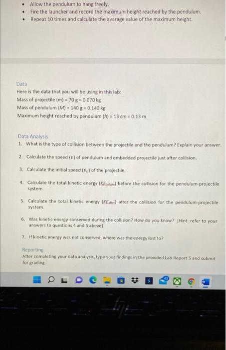 Solved Lab 5: Ballistic Pendulum Purpose To determine the | Chegg.com