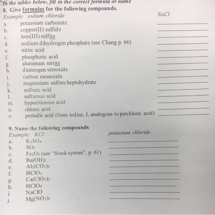 Solved Nacl Soco In The Tables Below, Fill In The Correct 