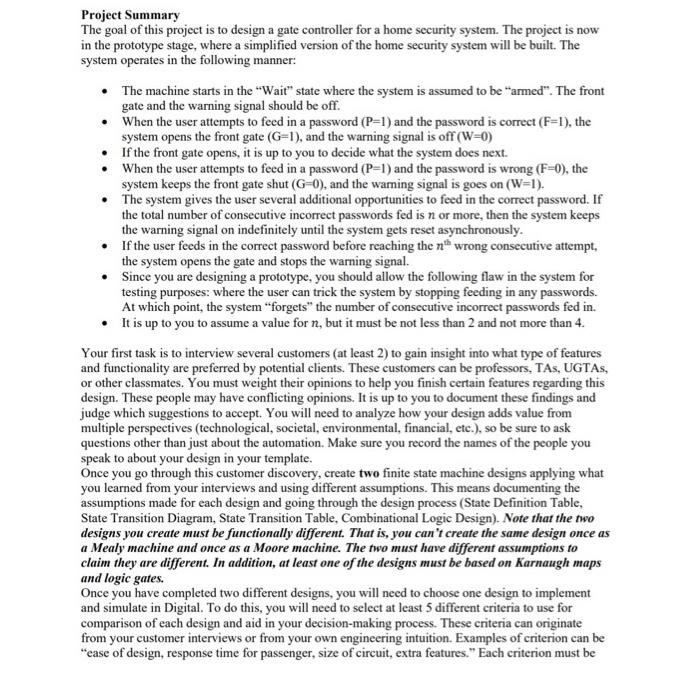 Project Summary The goal of this project is to design | Chegg.com
