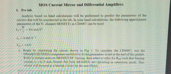 MOS Current Mirror and Differential Amplifiers 1. | Chegg.com