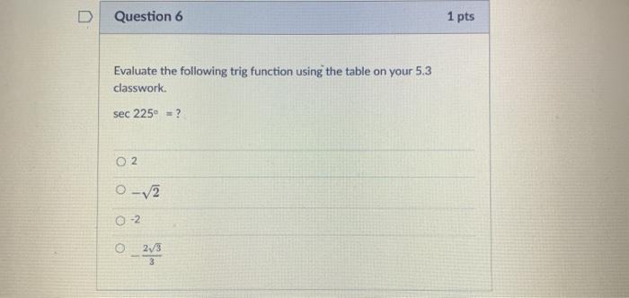 Solved D Question 6 1 pts Evaluate the following trig | Chegg.com