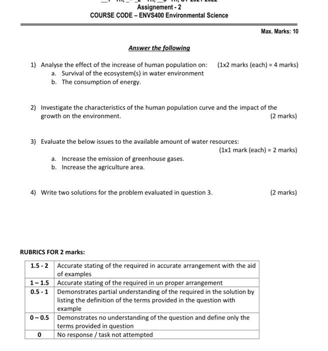 Solved Assignement - 2 COURSE CODE - ENVS400 Environmental | Chegg.com