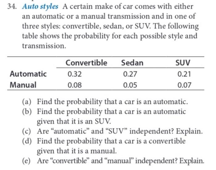 Solved 34. Auto styles A certain make of car comes with