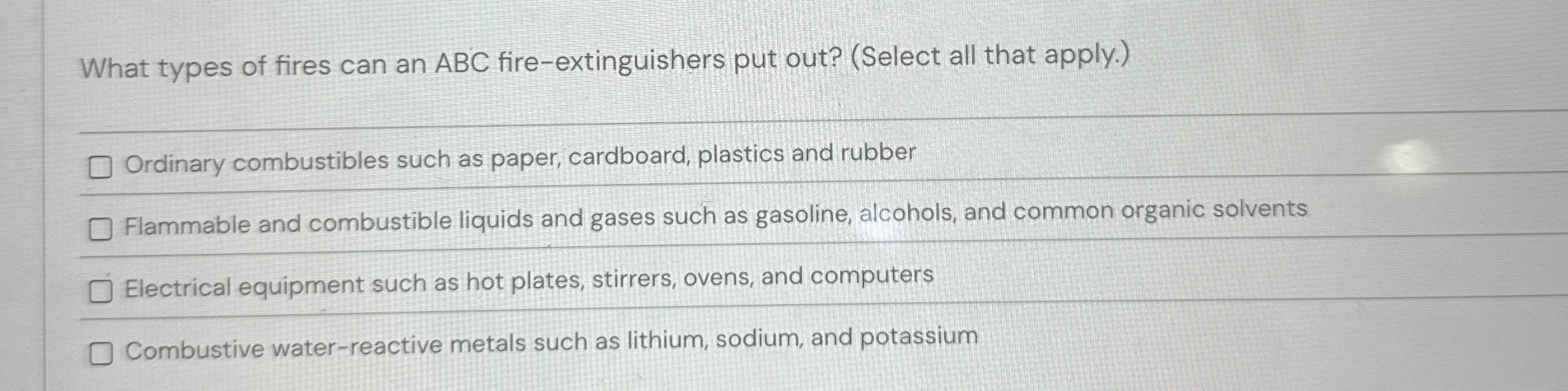 Solved What types of fires can an ABC fireextinguishers put