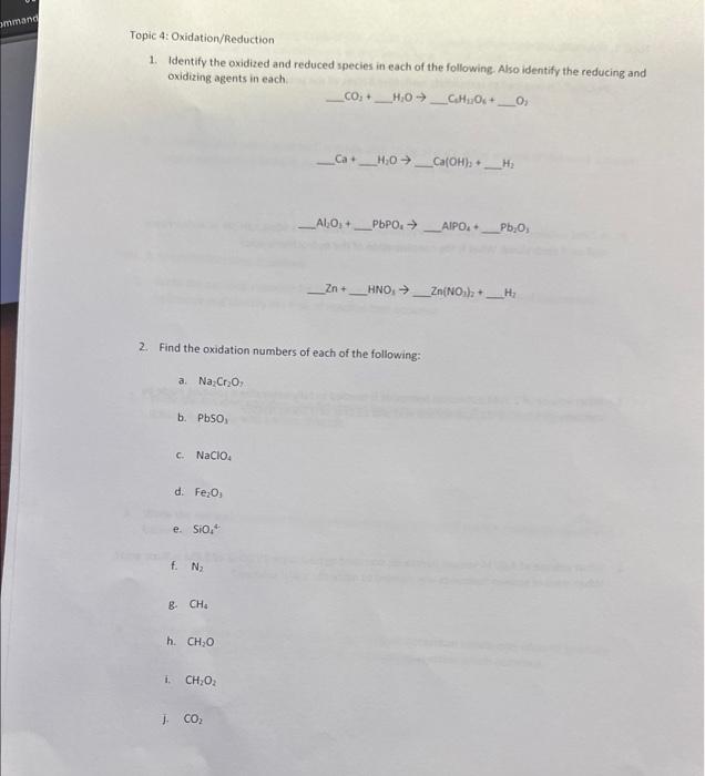 Solved Topic 4: Oxidation/Reduction 1. Identify The Oxidized | Chegg.com