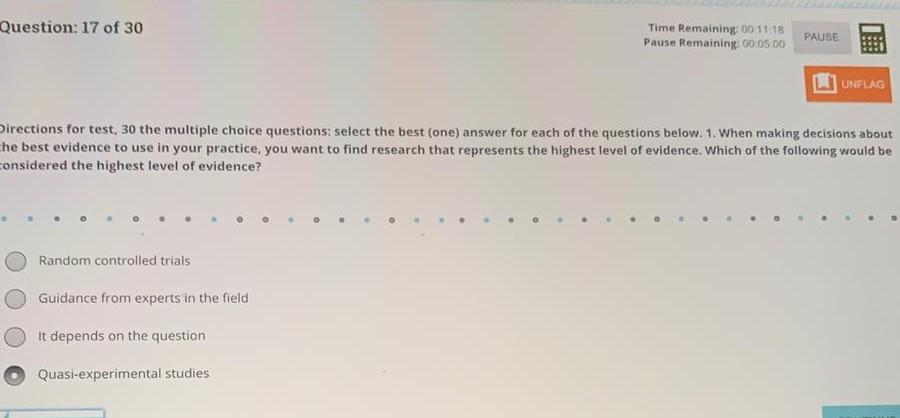 Question: 17 of 30 Time Remaining:00 11:18 Pause Remaining: 00:05 00 PAUSE UNFLAG Directions for test, 30 the multiple choice