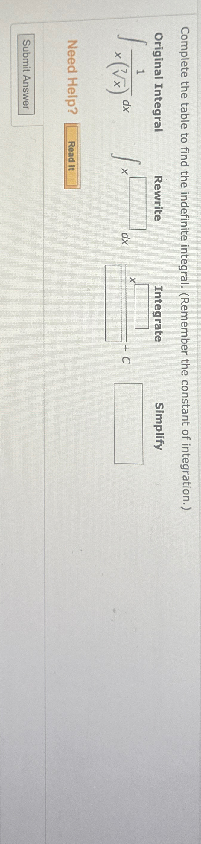 Solved Complete the table to find the indefinite integral. | Chegg.com