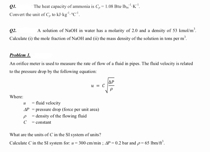 Solved Q1. The Heat Capacity Of Ammonia Is C = 1.08 