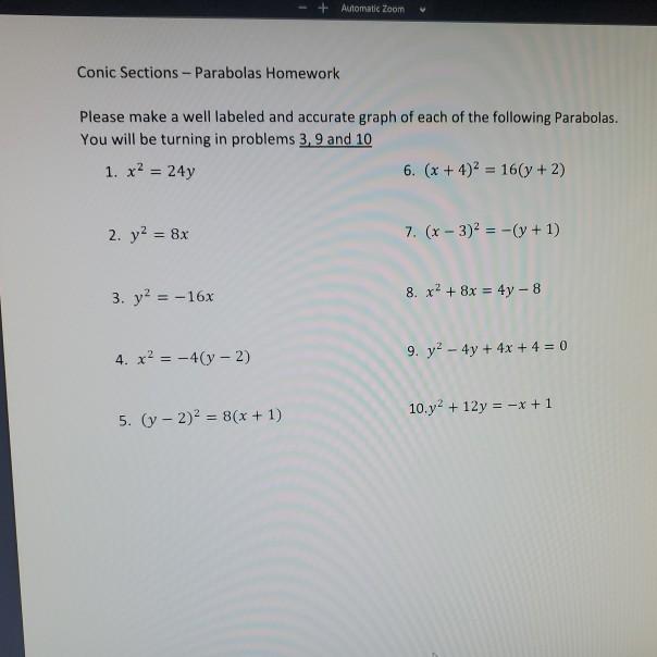 Solved + Automatic Zoom Conic Sections - Parabolas Homework | Chegg.com