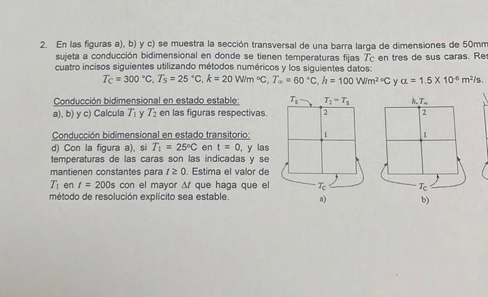 2. En las figuras a), b) y c) se muestra la sección transversal de una barra larga de dimensiones de \( 50 \mathrm{mn} \) suj