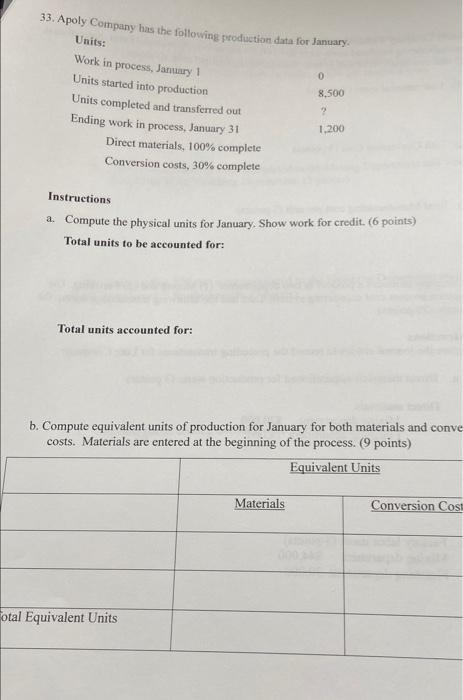 33. Apoly Company has the following production data fow laman.
Wnitue.
Instructions
a. Compute the physical units for January