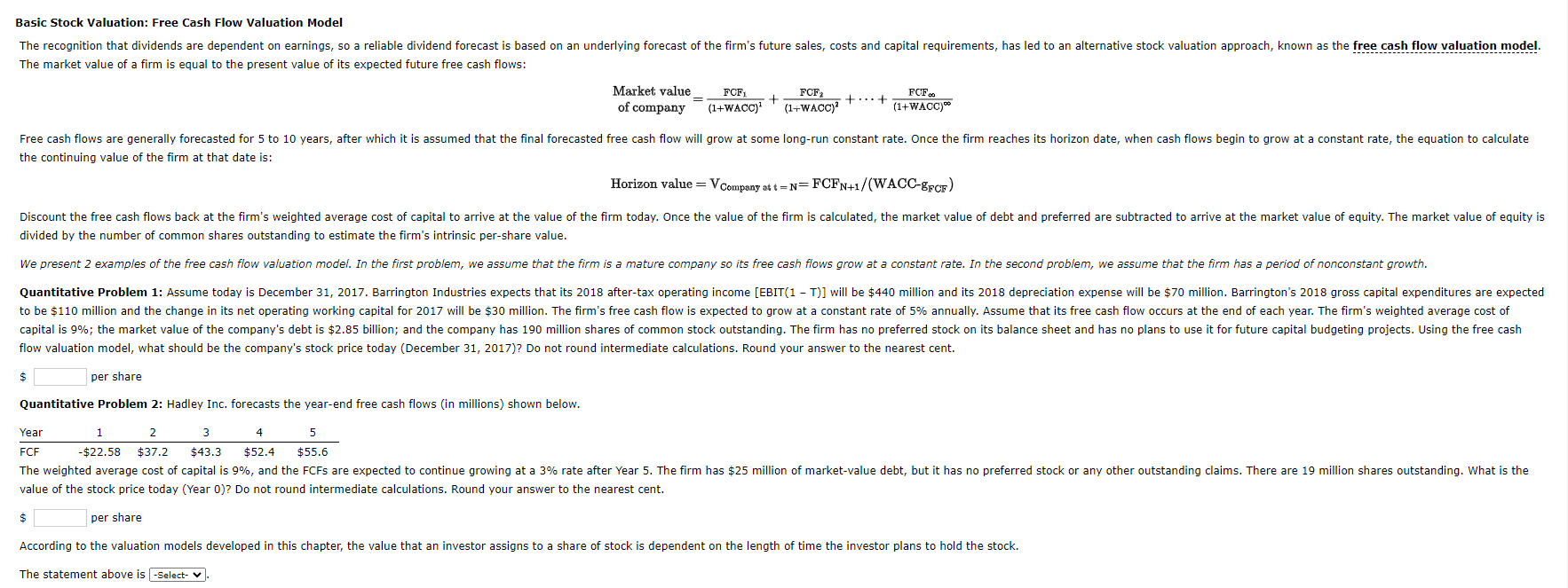 Solved Basic Stock Valuation Free Cash Flow Valuation Chegg
