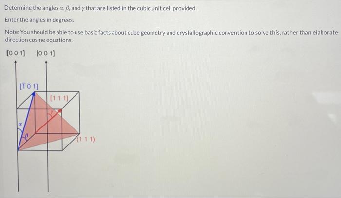 Determine the angles \( \alpha, \beta \), and \( \gamma \) that are listed in the cubic unit cell provided.
Enter the angles 