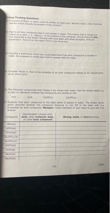 Critical Thinking Questions:
22. A solvtion of MgClu in water could be mriter as MgCulaq). Besides water, whas themical speci
