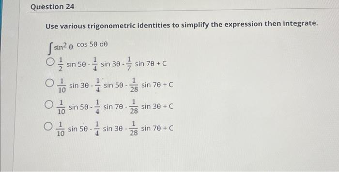 Use various trigonometric identities to simplify the expression then integrate. \[ \begin{array}{l} \int \sin ^{2} \theta \co