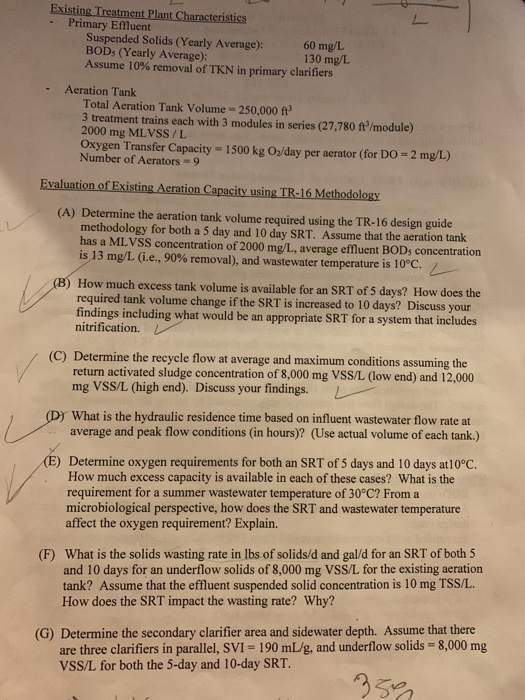Solved Existing Treatment Plant Characteristics Primary | Chegg.com