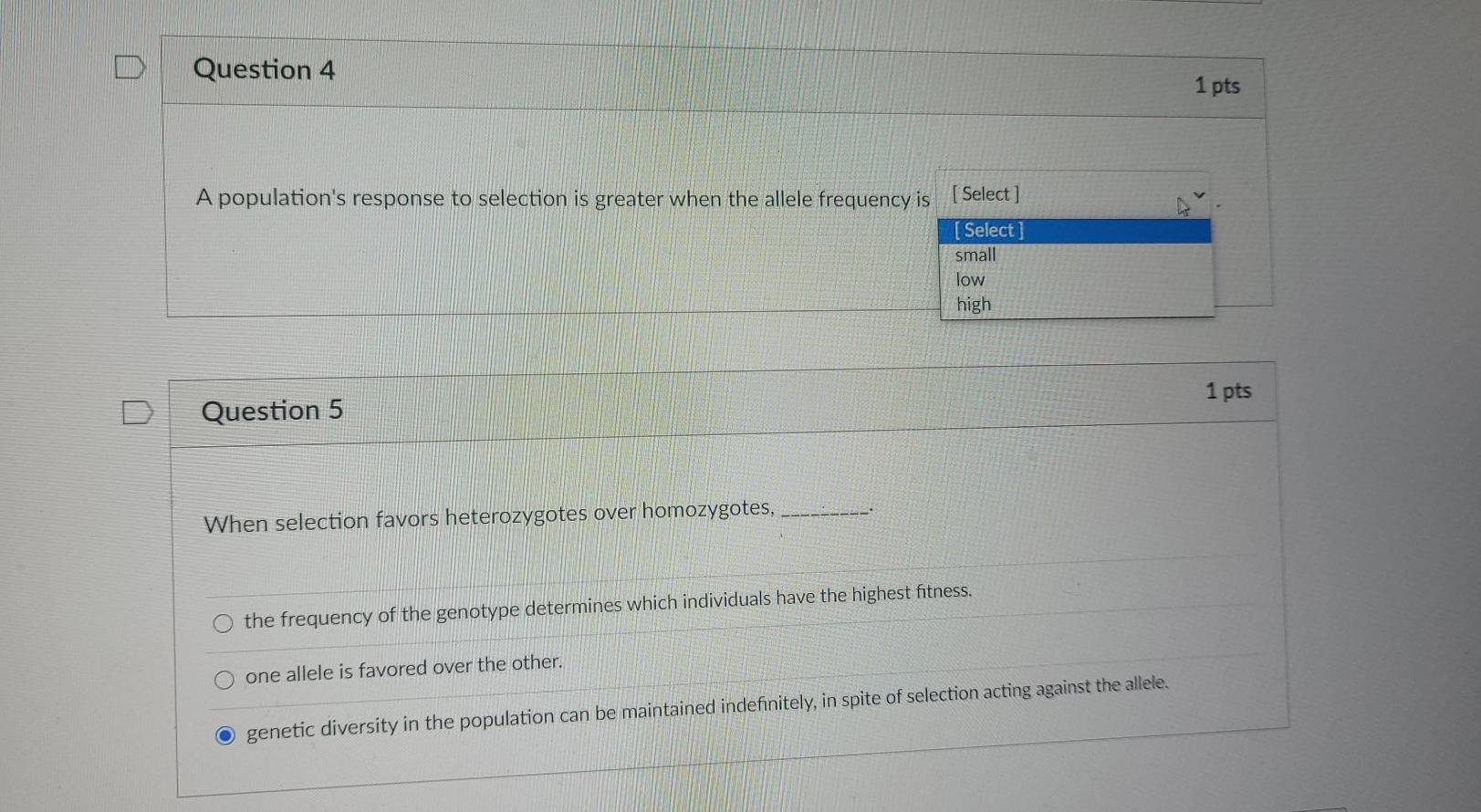 Solved Question 4 1 pts A population's response to selection | Chegg.com