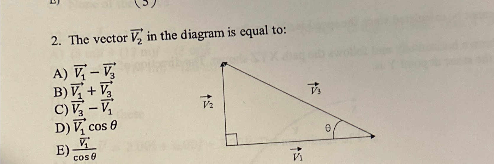 Solved The vector vec(V2) ﻿in the diagram is equal to:A) | Chegg.com