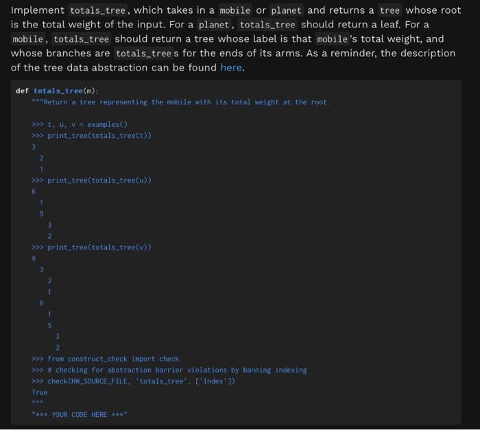 Solved Implement totals_tree, which takes in a mobile or | Chegg.com