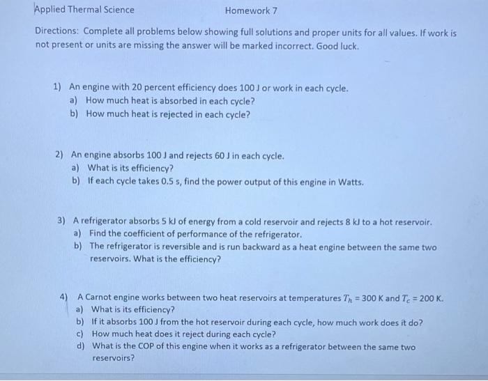 Solved Applied Thermal Science Homework 7 Directions: | Chegg.com