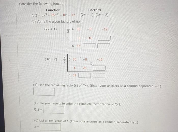 Solved Consider the following function. Function Factors | Chegg.com