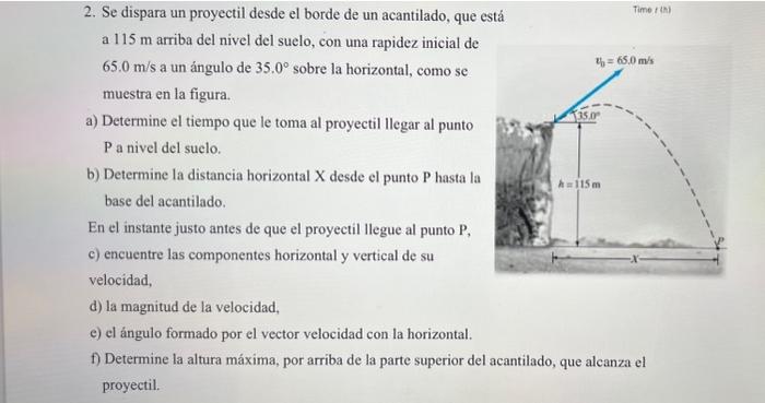 2. Se dispara un proyectil desde el borde de un acantilado, que es a \( 115 \mathrm{~m} \) arriba del nivel del suelo, con un