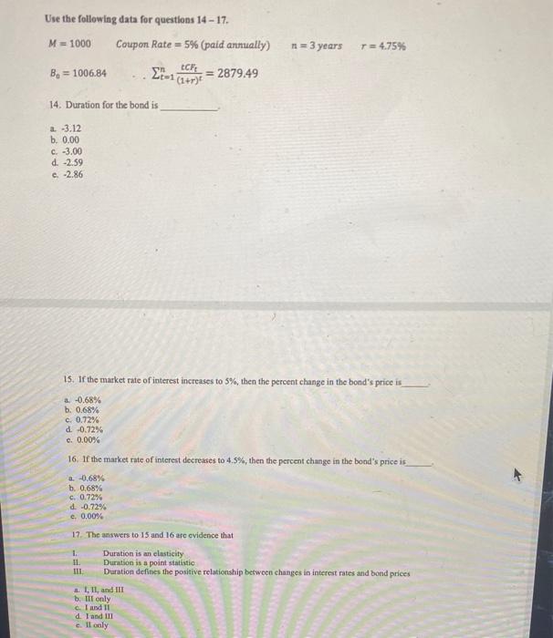 Solved Use the following data for questions 14−17. M=1000 | Chegg.com