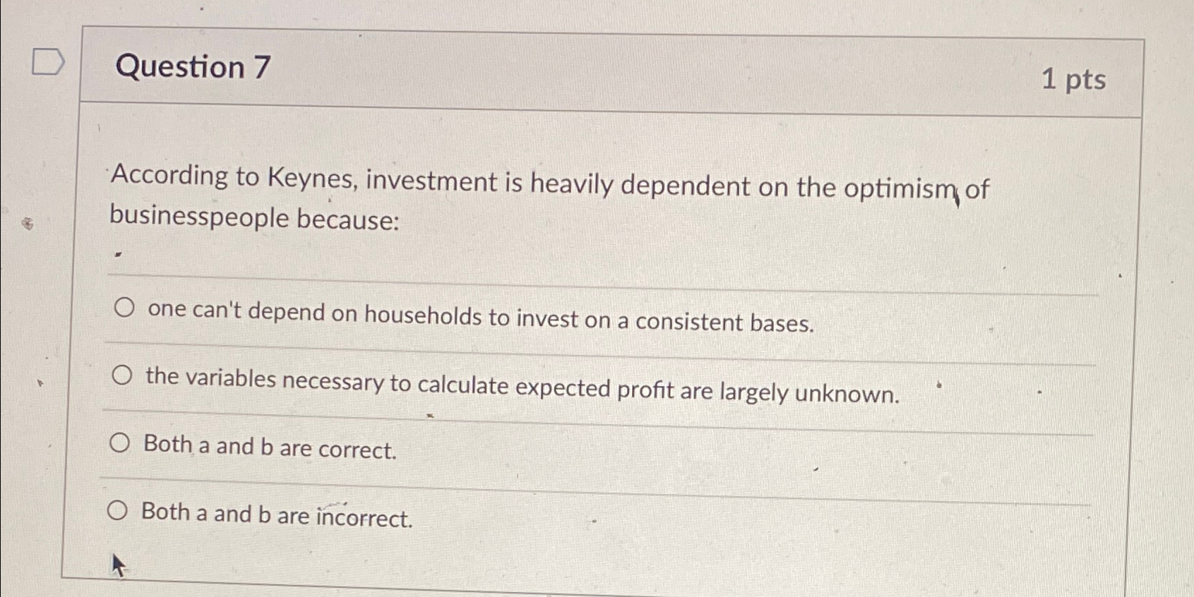 Solved Question 71ptsAccording to Keynes, investment is