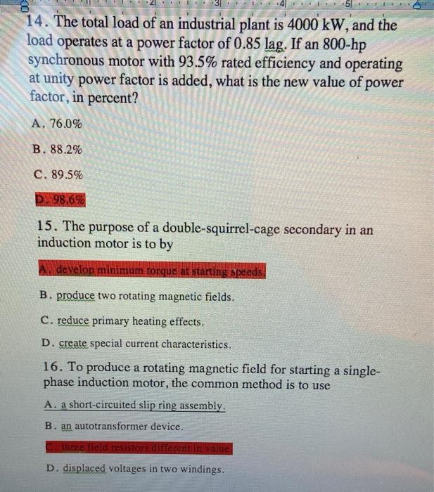 Solved 15 14. The total load of an industrial plant is 4000 | Chegg.com