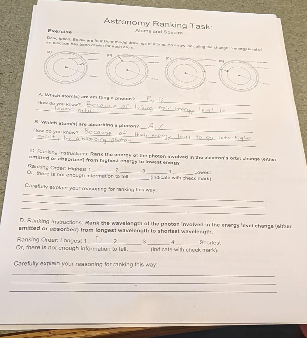 Solved Astronomy Ranking Task: Exercise Atoms And Spectra | Chegg.com