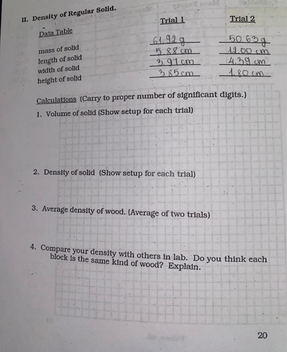 Solved II. Density of Regular Solid. Trial 1 Trial 2 Data | Chegg.com