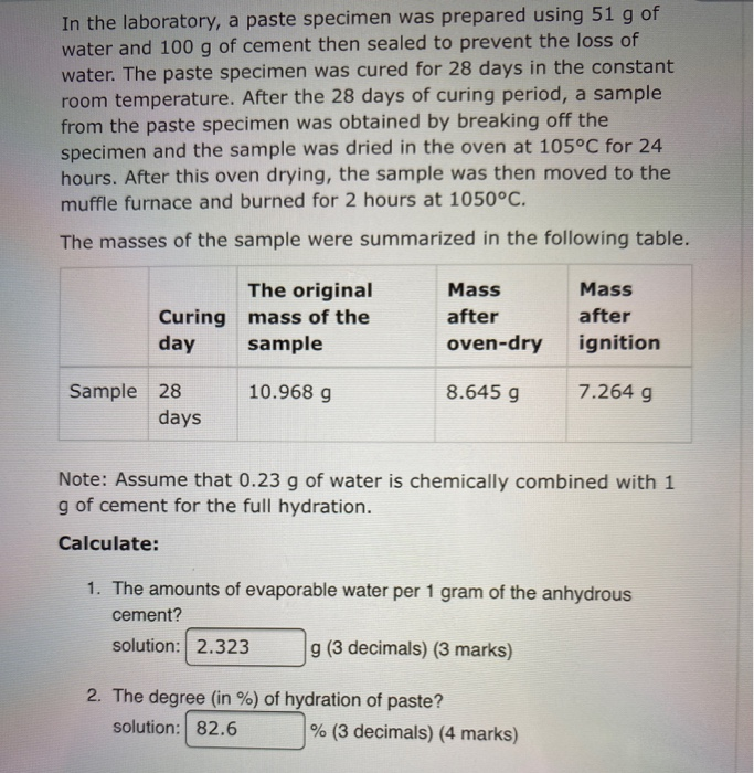 Solved In the laboratory, a paste specimen was prepared | Chegg.com