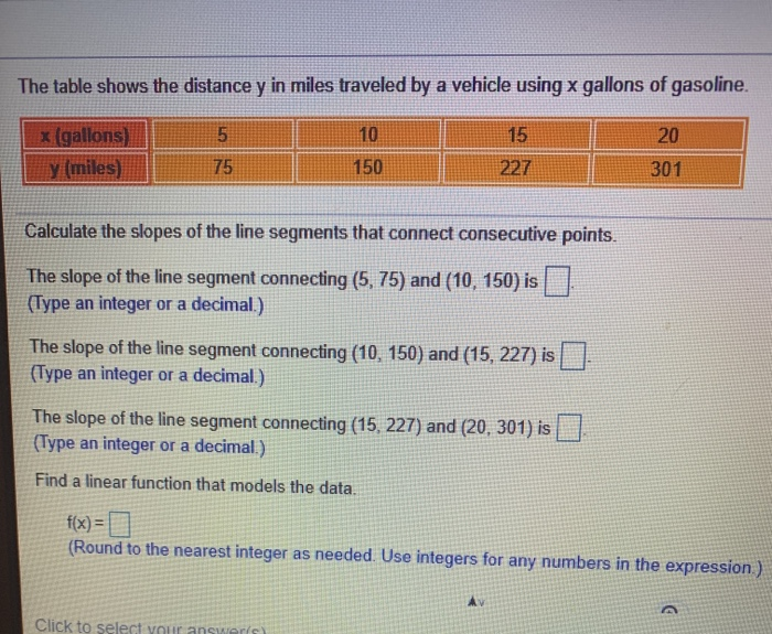 Solved The table shows the distance y in miles traveled by a