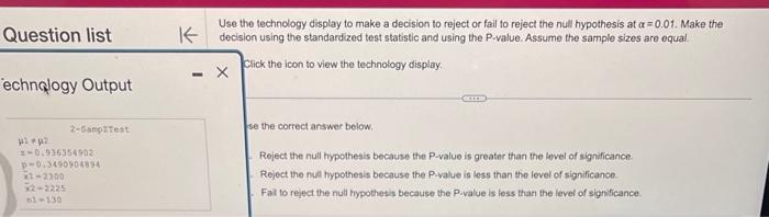 Solved Question list Use the technology display to make a | Chegg.com