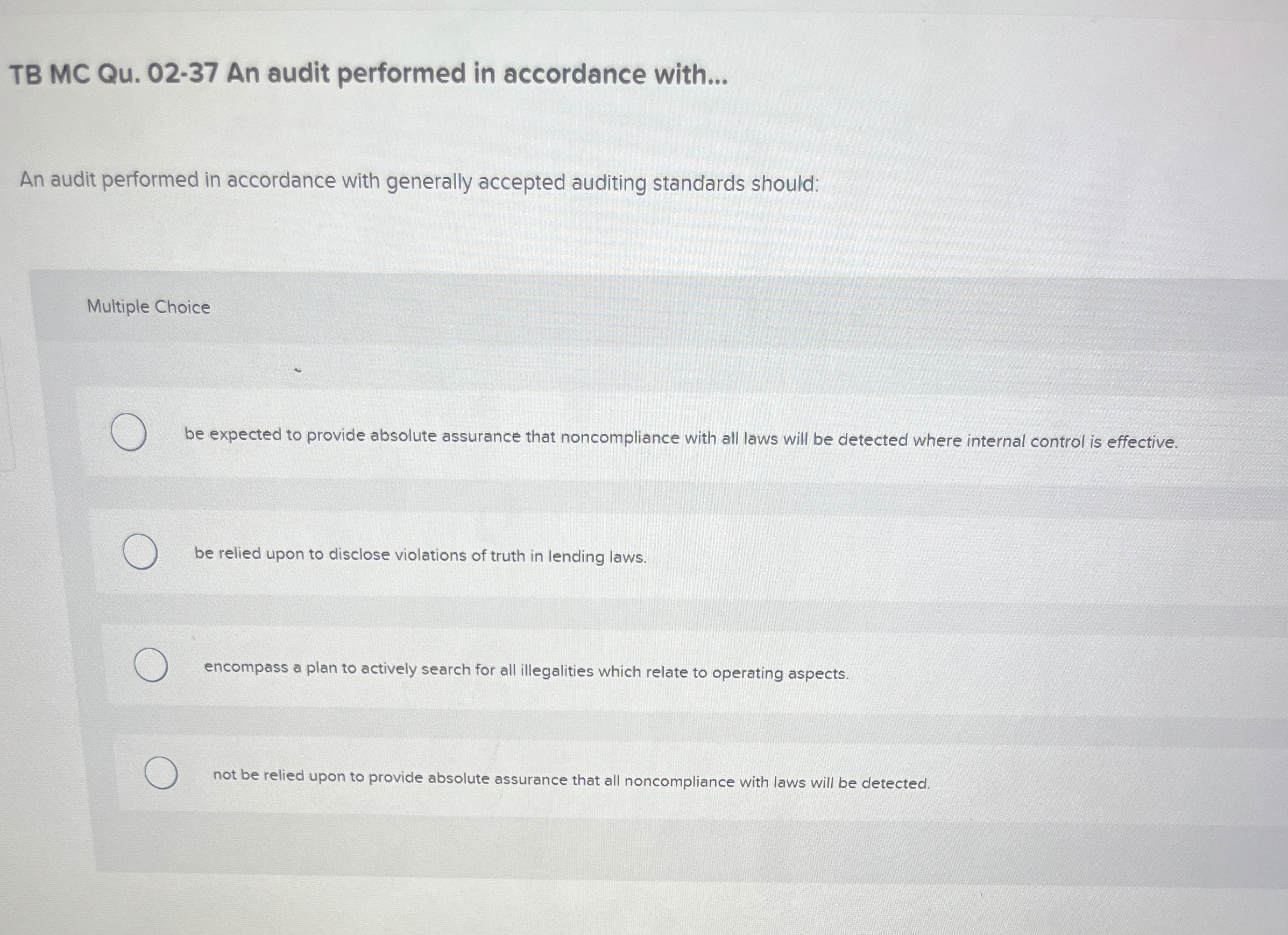Solved TB MC Qu. 02-37 ﻿An audit performed in accordance | Chegg.com