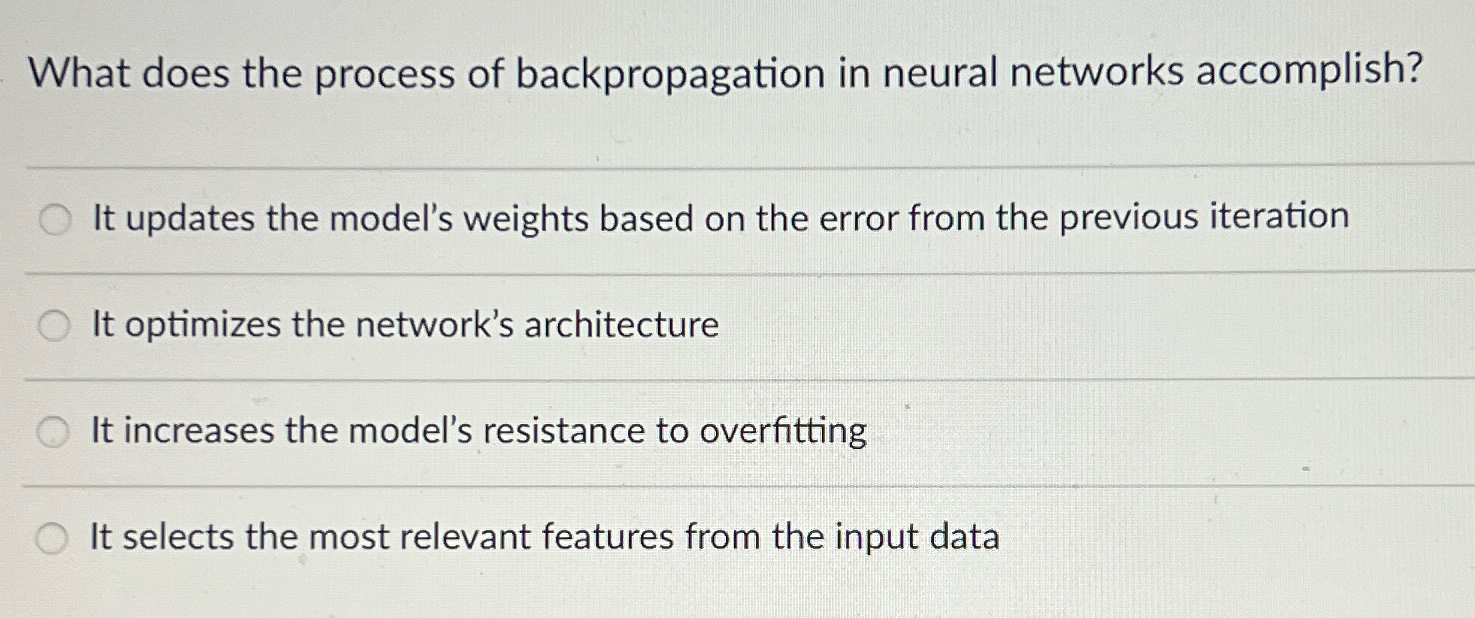 Solved What does the process of backpropagation in neural | Chegg.com