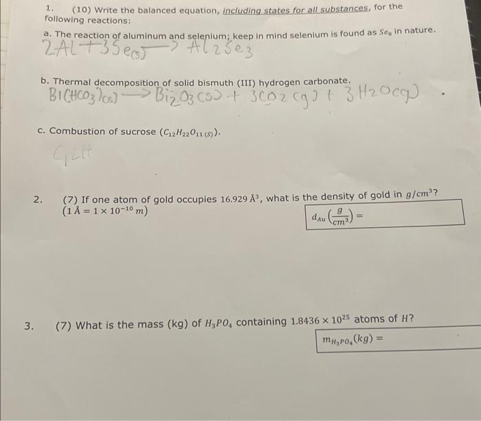 Solved 1. (10) Write The Balanced Equation, Including States | Chegg.com