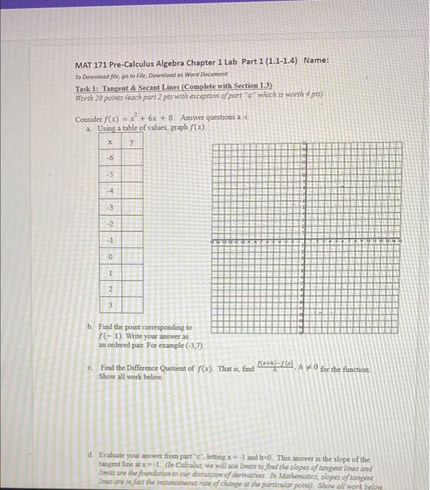 Solved MAT 171 Pre-Calculus Algebra Chapter 1 Lab Part 1