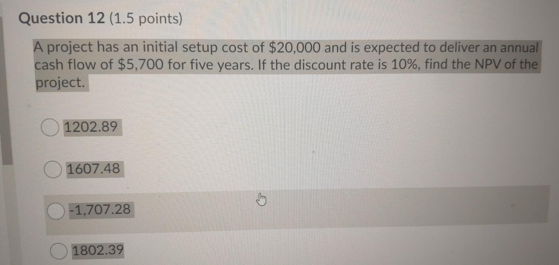 Solved Question 12 (1.5 points) A project has an initial | Chegg.com