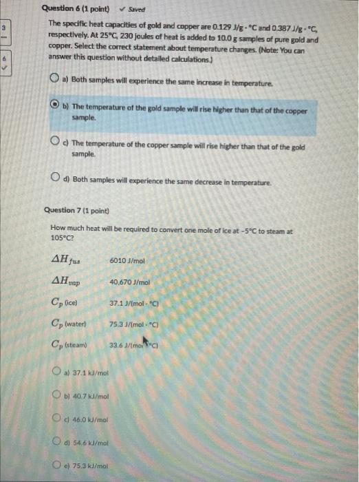 The specific heat capacities of gold and copper are \( 0.129 \mathrm{~J} / \mathrm{g} \cdot{ }^{\circ} \mathrm{C} \) and \( 0