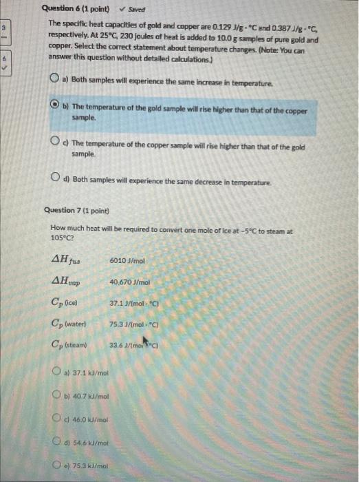 The specific heat capacities of gold and copper are \( 0.129 \mathrm{~J} / \mathrm{g} \cdot{ }^{\circ} \mathrm{C} \) and \( 0