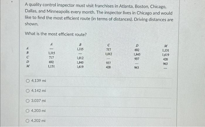 Solved A Quality Control Inspector Must Visit Franchises In Chegg Com   Image