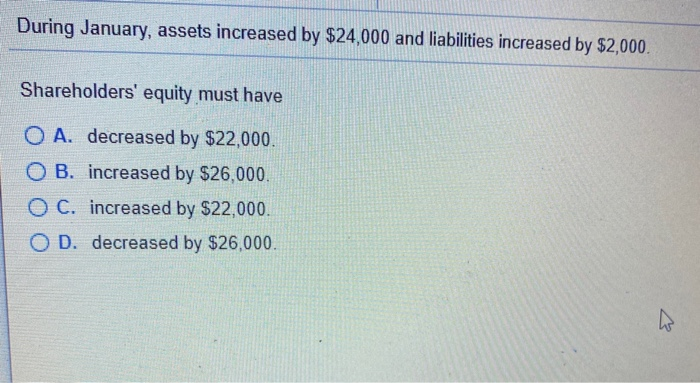 Solved During January, assets increased by $24,000 and | Chegg.com