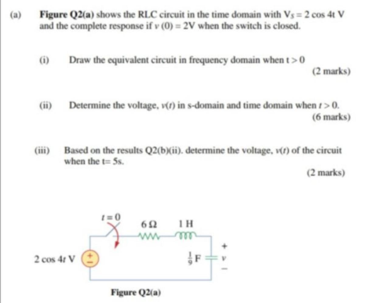 Solved (a) Figure Q2(a) shows the RLC circuit in the time | Chegg.com