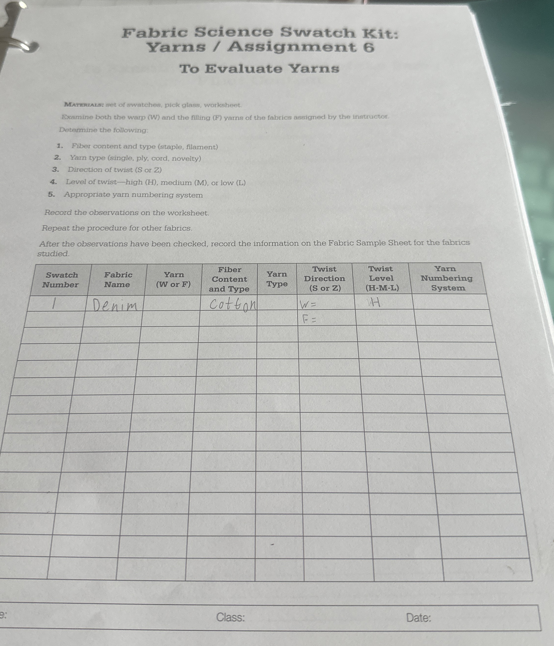 Fabric Science Swatch Kit Yarns / ﻿Assignment 6To