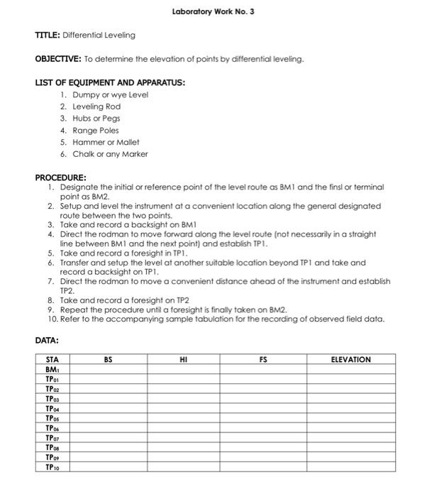 Solved Laboratory Work No. 3 TITLE Differential Leveling